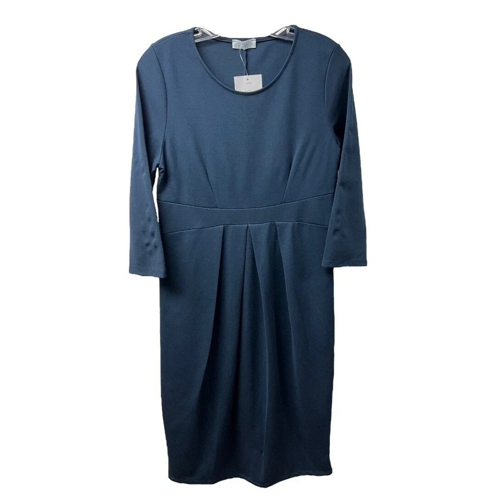 La‎ Clef Dress M Blue Pleated Knee Length 3/4 Sleeve Classic Versatile Modest